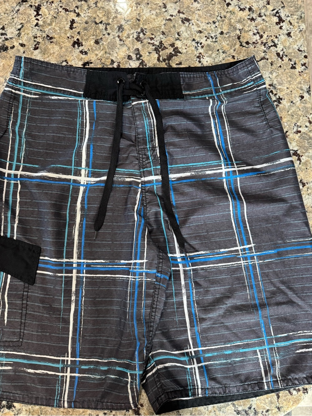 Sporto Black Plaid Swim Board Shorts with Blue and White Stripes